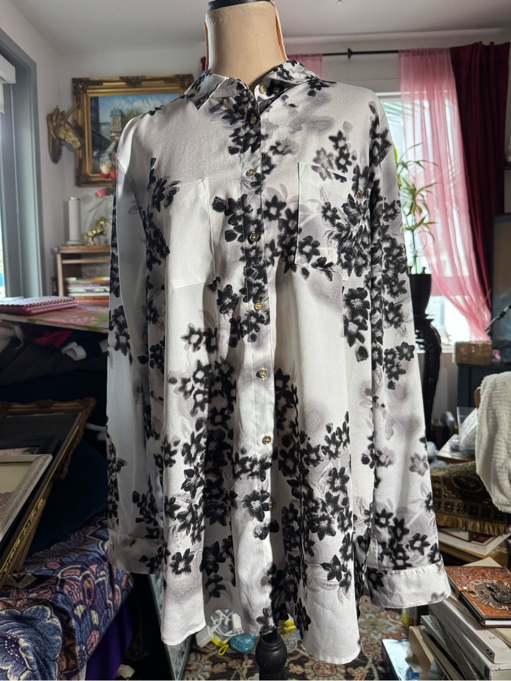 Calvin Klein Black & White Floral Satin Jacket